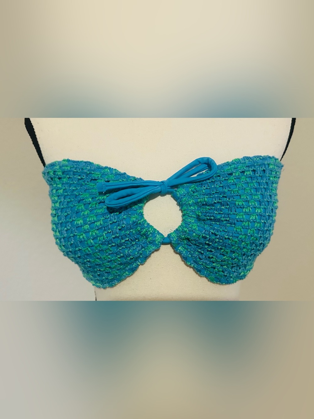 Blue-Green Crochet Bikini Top with Center Tie
